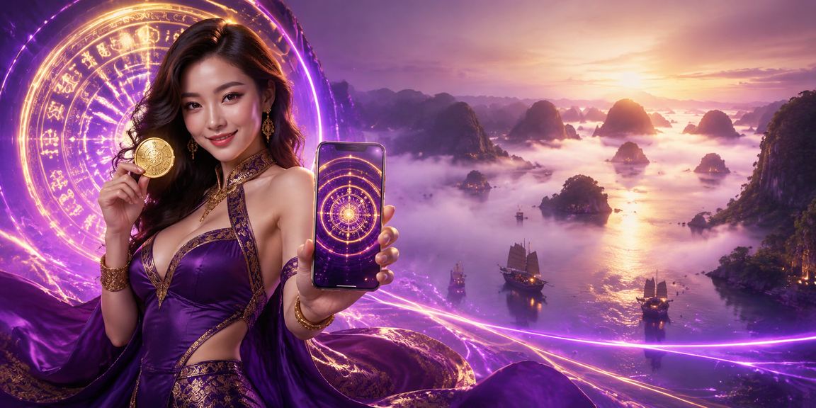 Người dùng trên du thuyền Hạ Long Bay xem kết quả giải thưởng casino qua điện thoại với ánh đèn neon phản chiếu