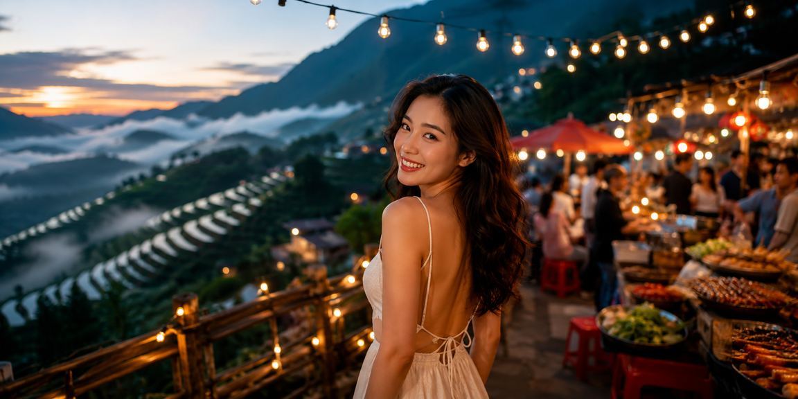 Chợ đêm Sa Pa với cảnh người dùng nhận thưởng hoàn tiền qua điện thoại trong không khí núi rừng